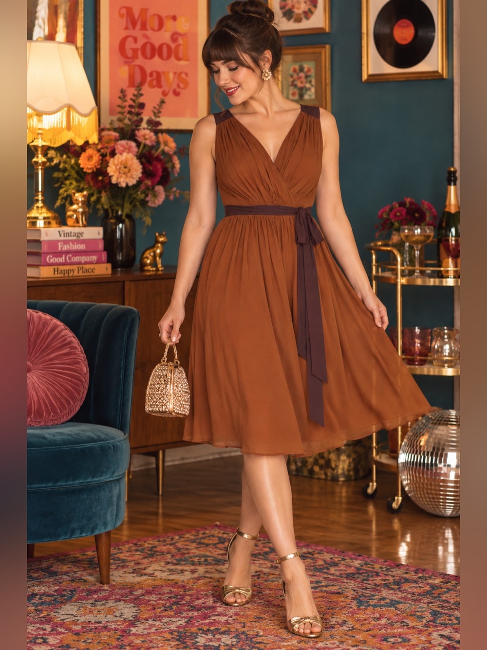 Modcloth Womens Wholly Romantic Midi Dress Sz Medium Brown Sash Belt Grecian
